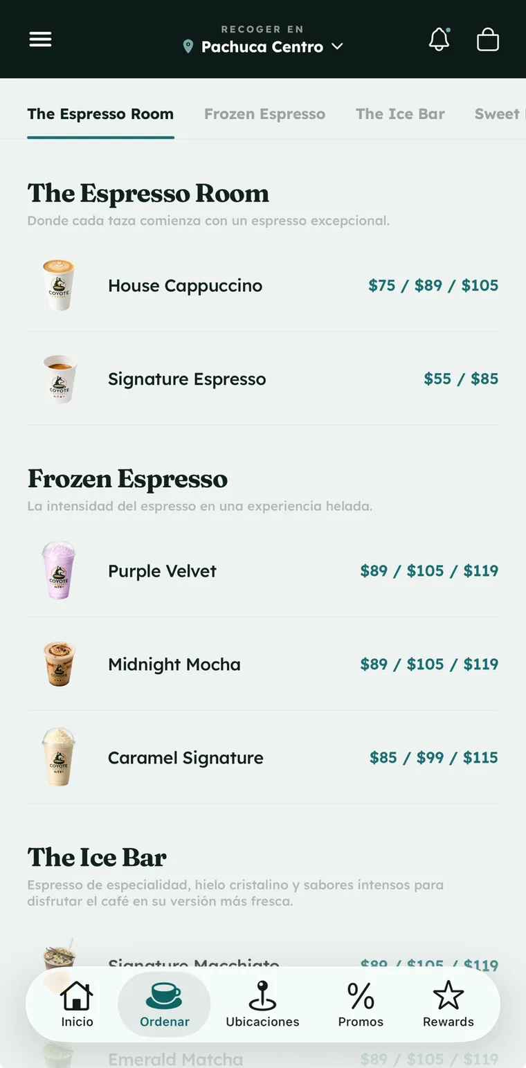 Menú de la app